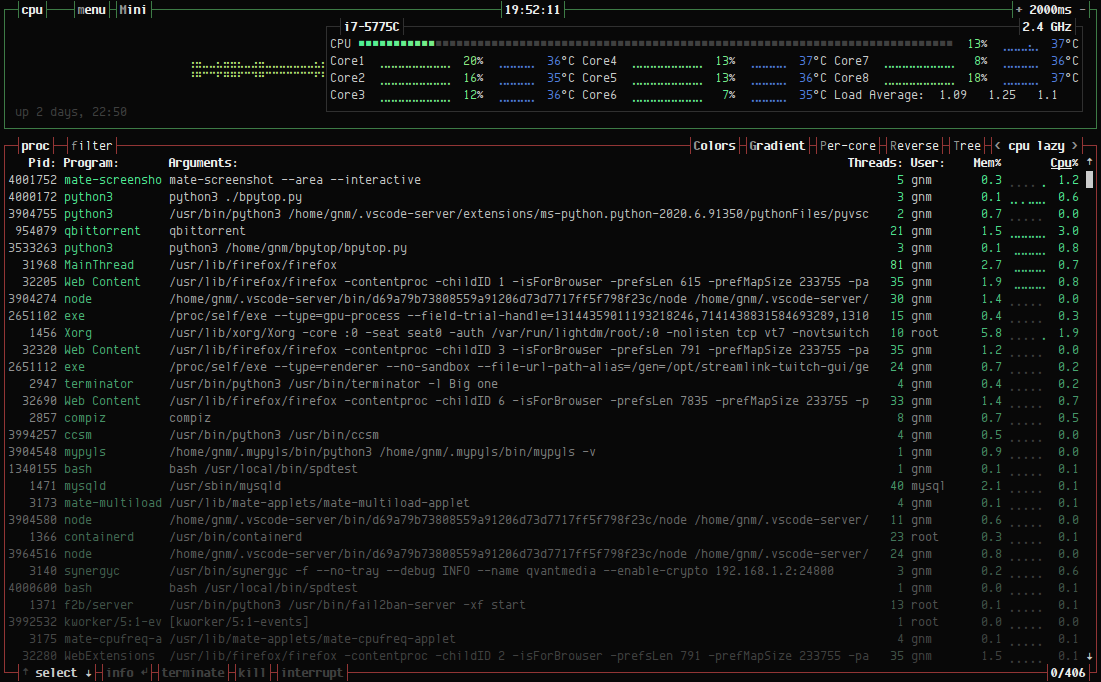 bpytop in mini mode showing condensed system stats