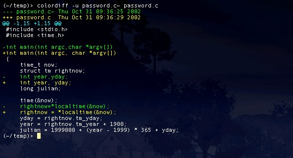 colordiff showing colored unified diff output