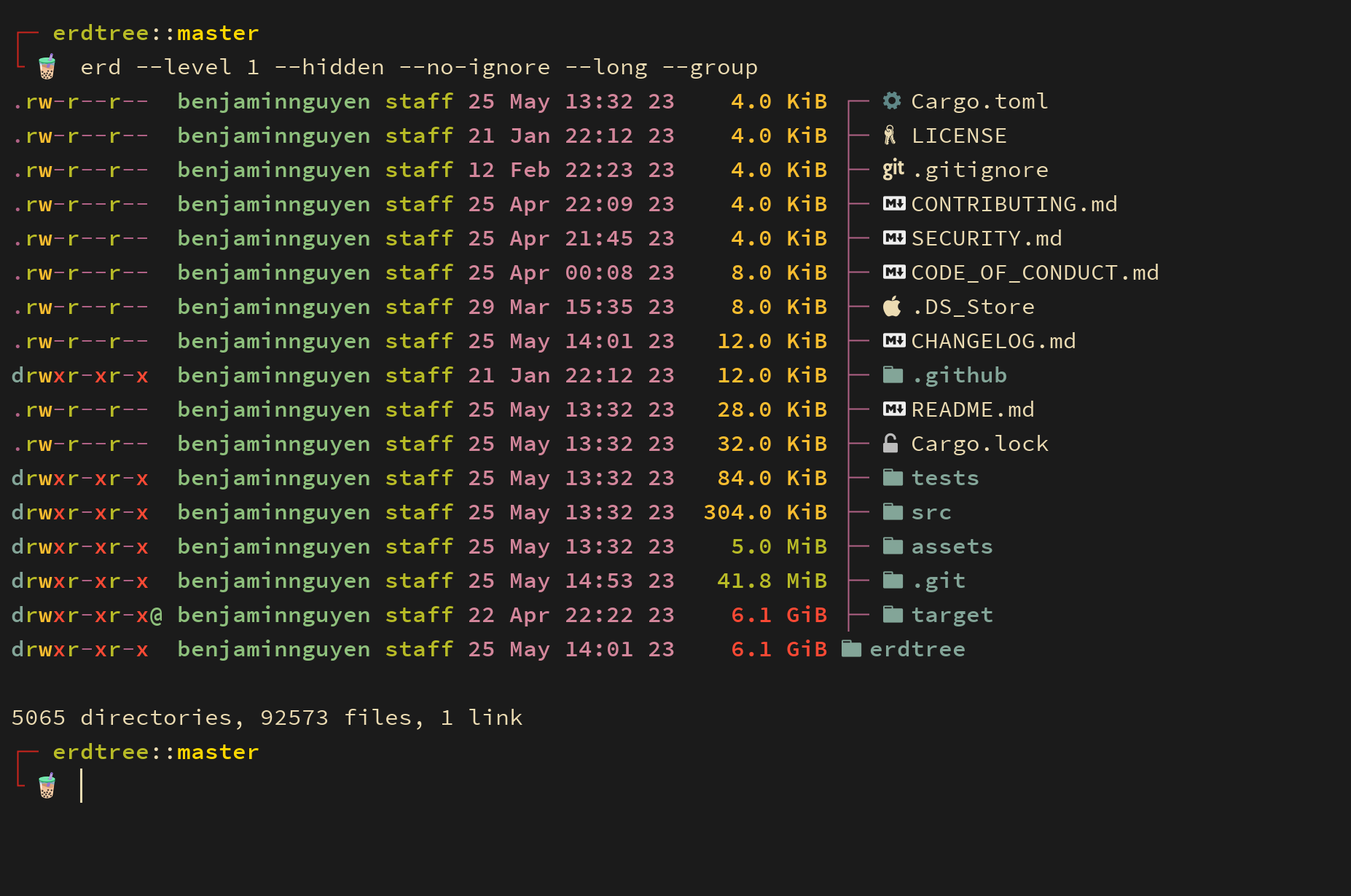 Erdtree showing directory tree structure with colorized output and disk usage