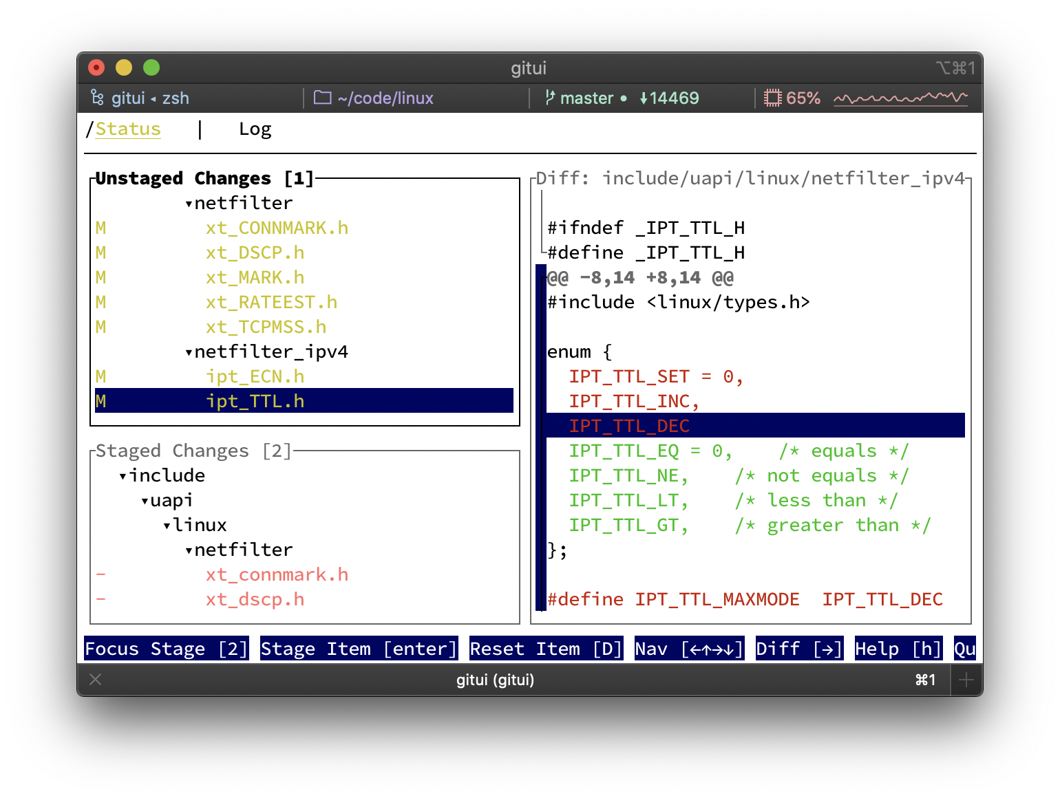 GitUI interface showing file staging and commit workflow