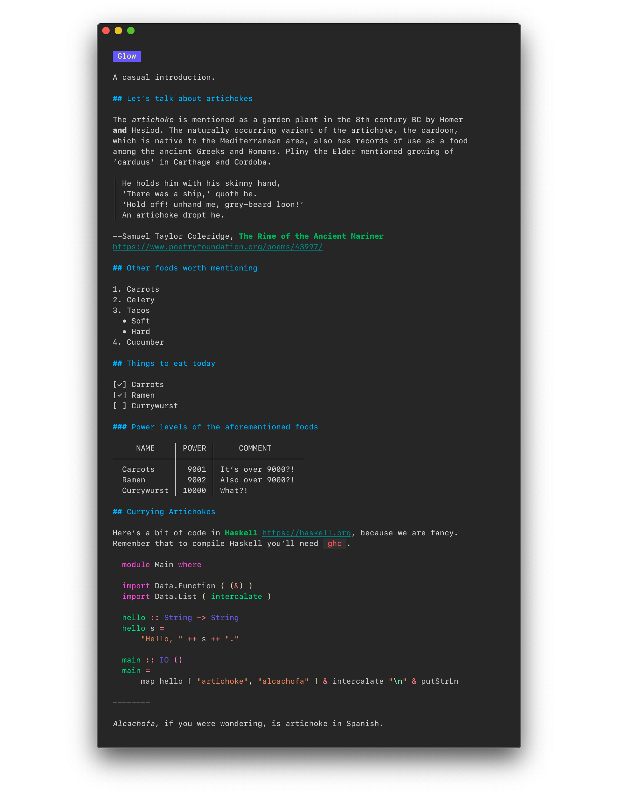 glow rendering Markdown in the terminal