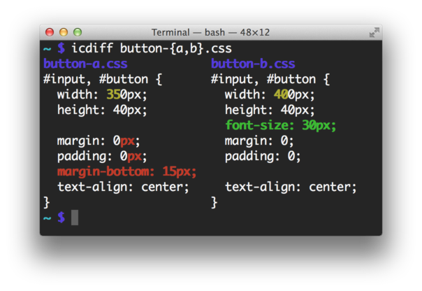 icdiff showing a two-column side-by-side diff with color highlighting