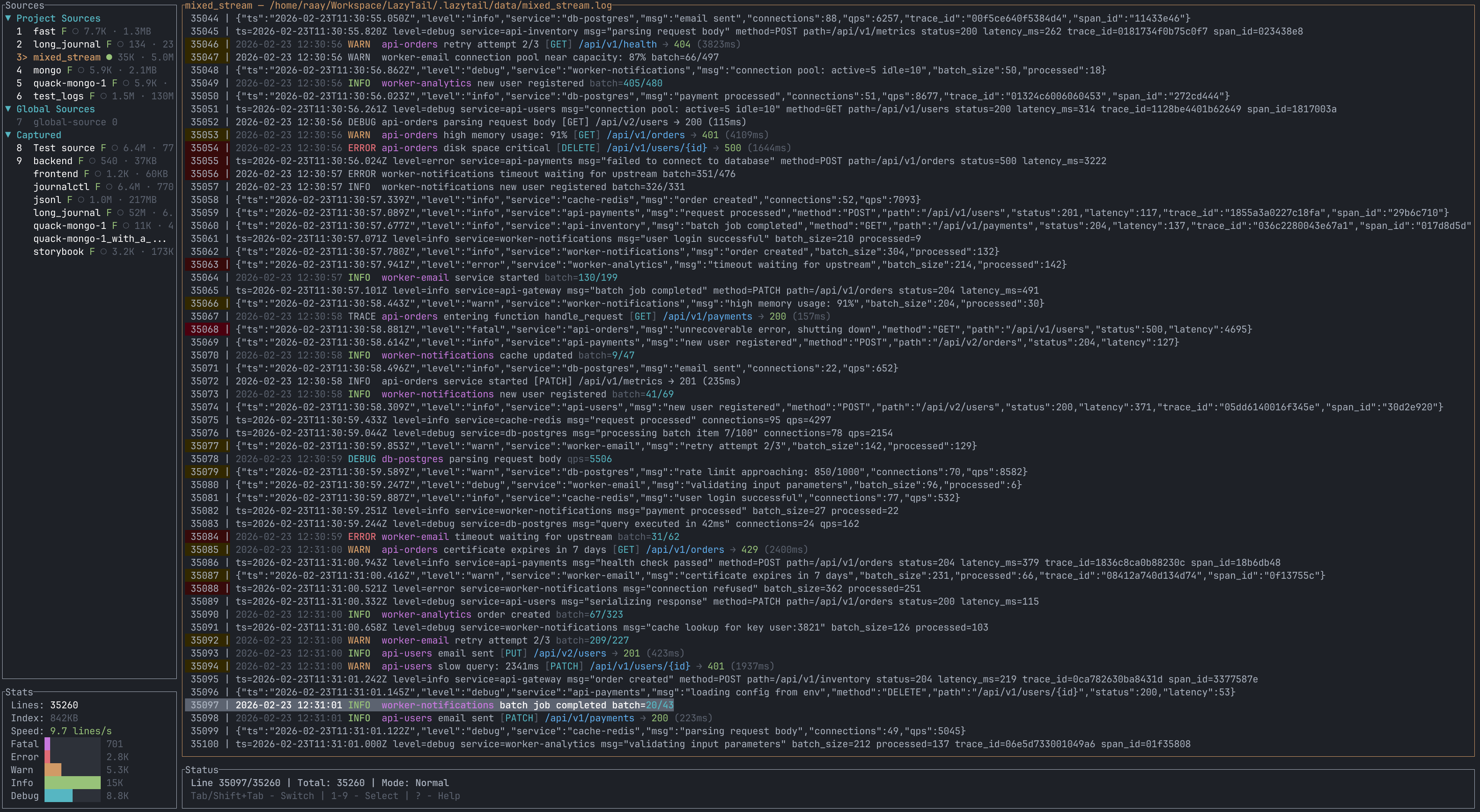 LazyTail showing live log viewing with filtering and AI assistant panel