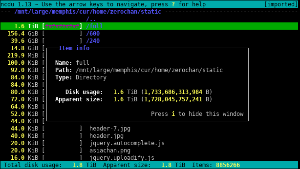ncdu directory information